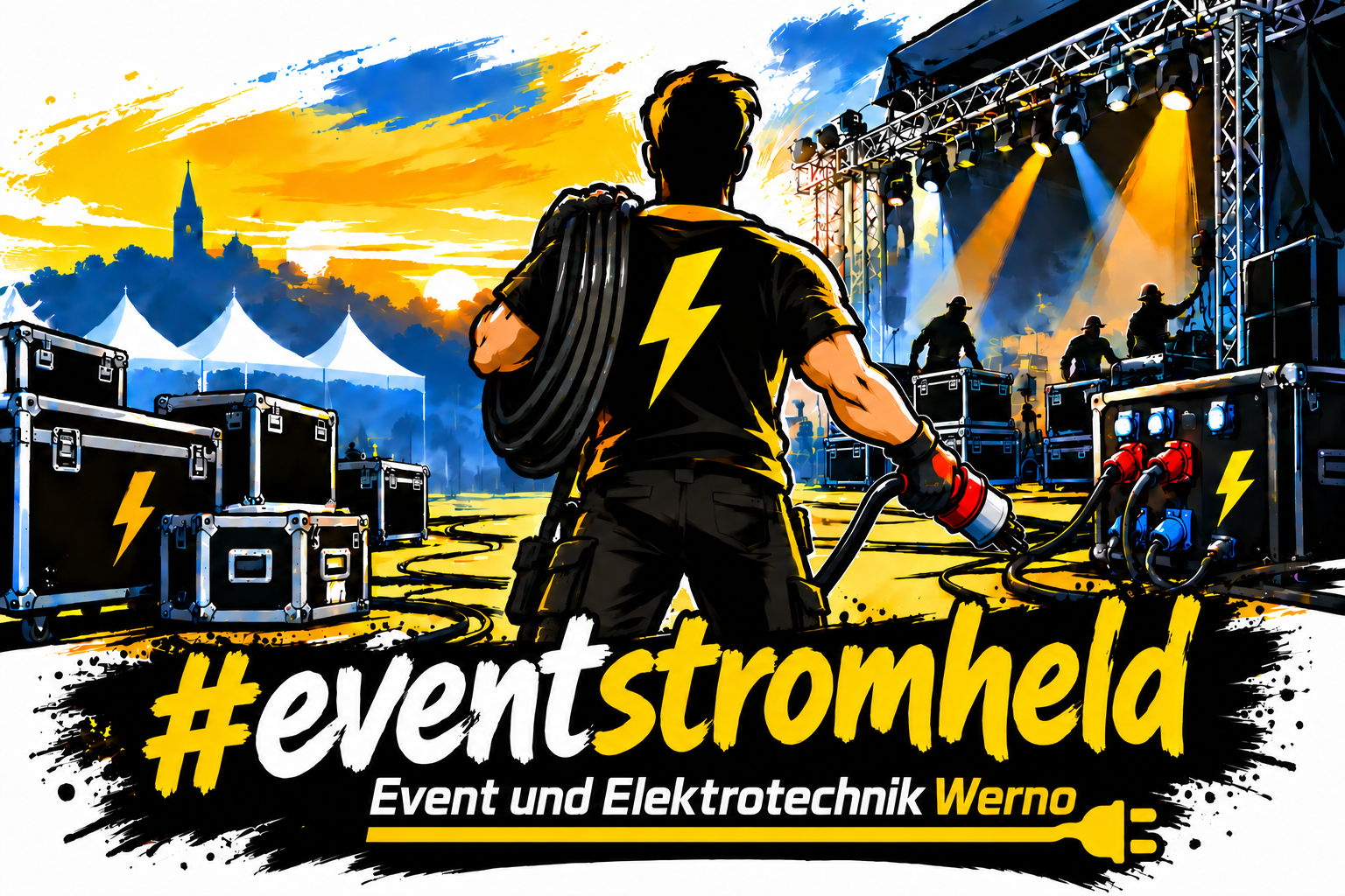 Illustration: Ein Eventtechniker ohne Umhang, mit Kabel und rotem Stecker vor einer beleuchteten Bühne. Unten stehen #eventstromheld und Event und Elektrotechnik Werno mit einer gelben Steckerlinie.